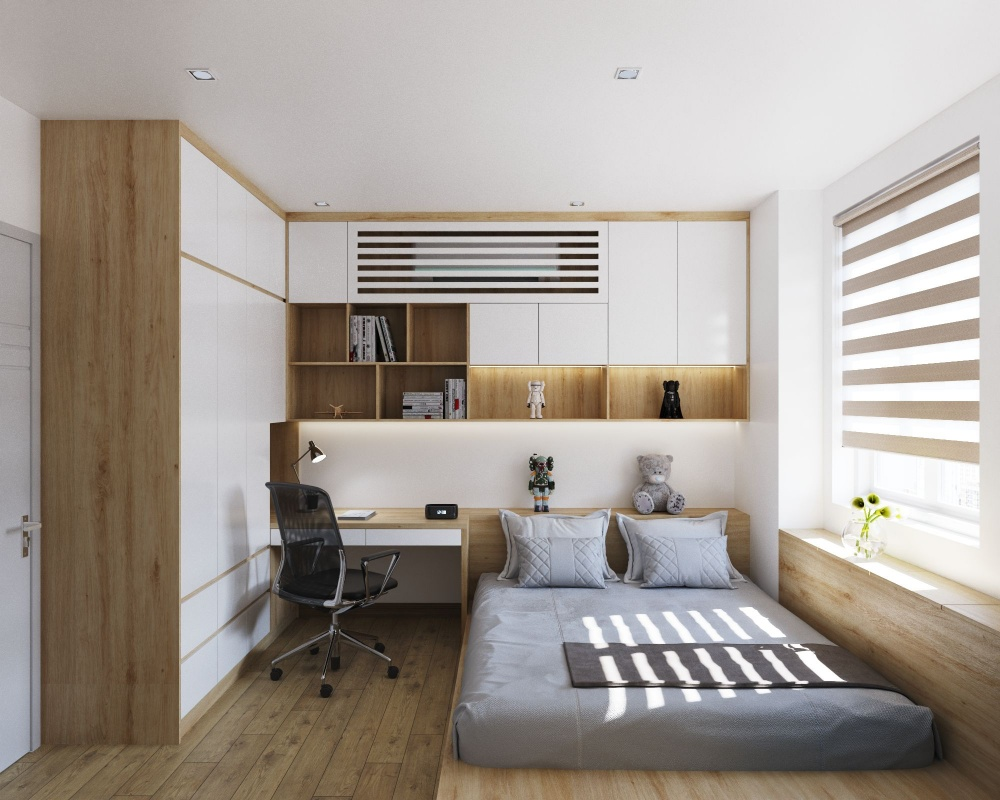 Giường thấp kết hợp bàn học và tủ lưu trữ liền khối